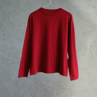 云芝元 新款暗红色纯棉圆领落肩高捻针织电脑横机休闲套头衫1317M