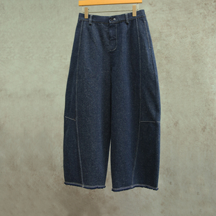 1805 金陵蓝色牛仔汉麻棉半松紧腰弯刀裤 设计师秋冬款 云芝元