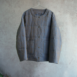 棉服雀羽蓝色织纯汉麻圆领棉衣女士棉服外套0502 云芝元 新冬款