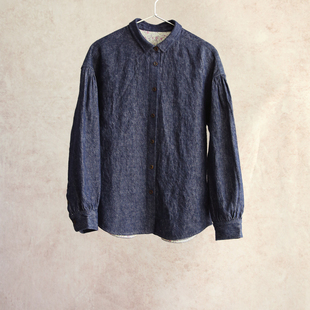 宽松休闲牛仔衬衫 云芝元 蓝色单宁亚麻长袖 新款 设计师原创26春季