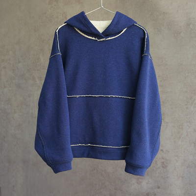 云芝元 冬款连帽卫衣蓝色彩点丝棉落肩毛边连帽百搭针织帽衫1703M