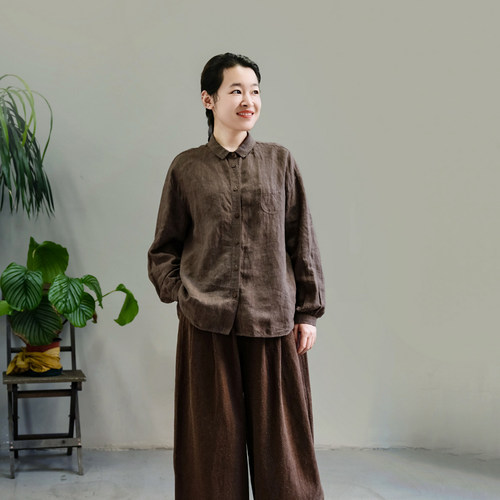 手工植物染色纯亚麻长袖衬衫