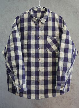 云芝元 新冬款紫白格汉麻亚麻翻领衬衣落肩保暖衬衫棉服0101-B