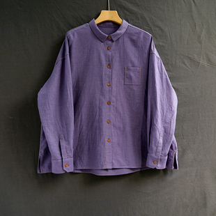 2801 云芝元 文艺气质百搭衬衫 全棉紫色翻领长袖 设计师秋款