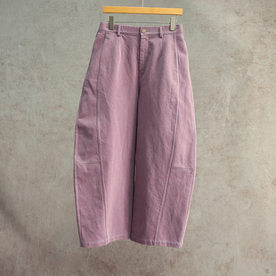 0203S 棉和纸碧纹染灰紫色明线半松紧腰休闲弯刀裤 云芝元 26新春款