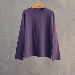 云芝元 新款灰紫色纯棉圆领落肩高捻针织电脑横机休闲套头衫1317M