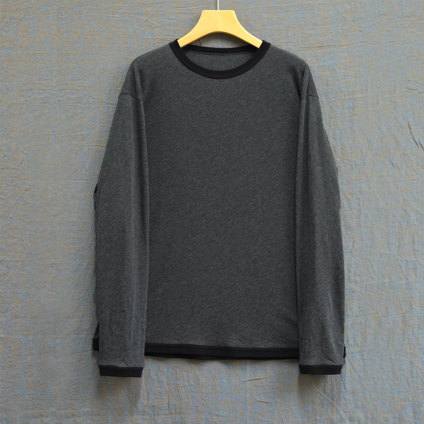 云芝元 设计师新冬款深灰羊毛棉圆领长袖拼色T恤打底衫0601-M