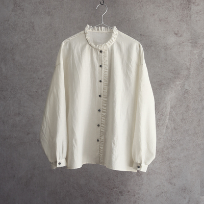 云芝元 26春夏新款白色桑蚕丝羊绒棉花边领长袖衬衫