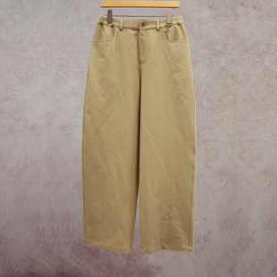 云芝元 26春新款卡其色亚麻棉半松紧腰女裤休闲直筒裤