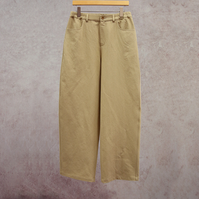 云芝元 26春新款卡其色亚麻棉半松紧腰女裤休闲直筒裤