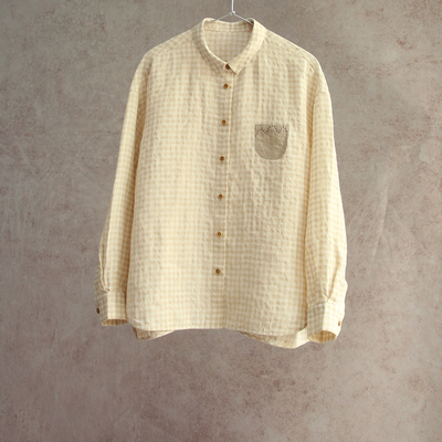 云芝元 26春夏新款汉麻亚麻浅杏格子翻领领长袖复古文艺衬衫