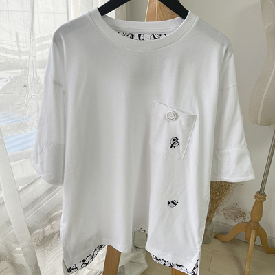 graniph 熊猫刺绣小口袋五分袖宽松纯棉T恤 男女同款 G2-2