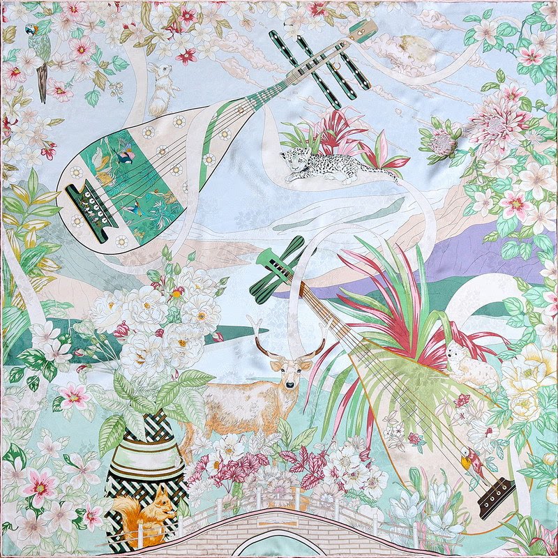 110cm真丝大方巾双面同花异色桑蚕丝花萝复古汉风琵琶高级感丝巾