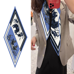 122 仿真丝菱形巾复古宫廷马车拼色斜纹丝巾系脖保暖围巾 45cm欧式