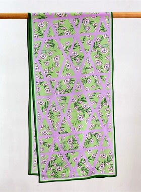 140*35cm长丝巾真丝紫色花朵甜美双绉长巾丝巾女高级桑蚕丝围巾