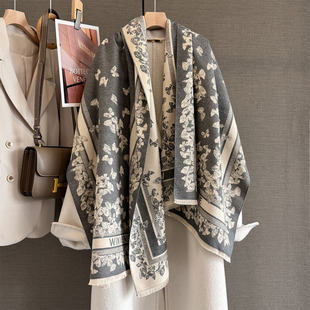 180*70cm仿羊绒长围巾秋冬法式复古风蝴蝶提花围巾加厚保暖大披肩