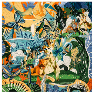 130cm清新绿森林仿真丝丝巾时尚印花植被蝴蝶大方巾装饰斜纹披肩