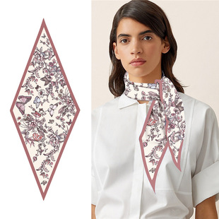 122 饰蝶化成花系脖保暖小领巾围巾 45cm复古仿真丝菱形丝巾斜纹装