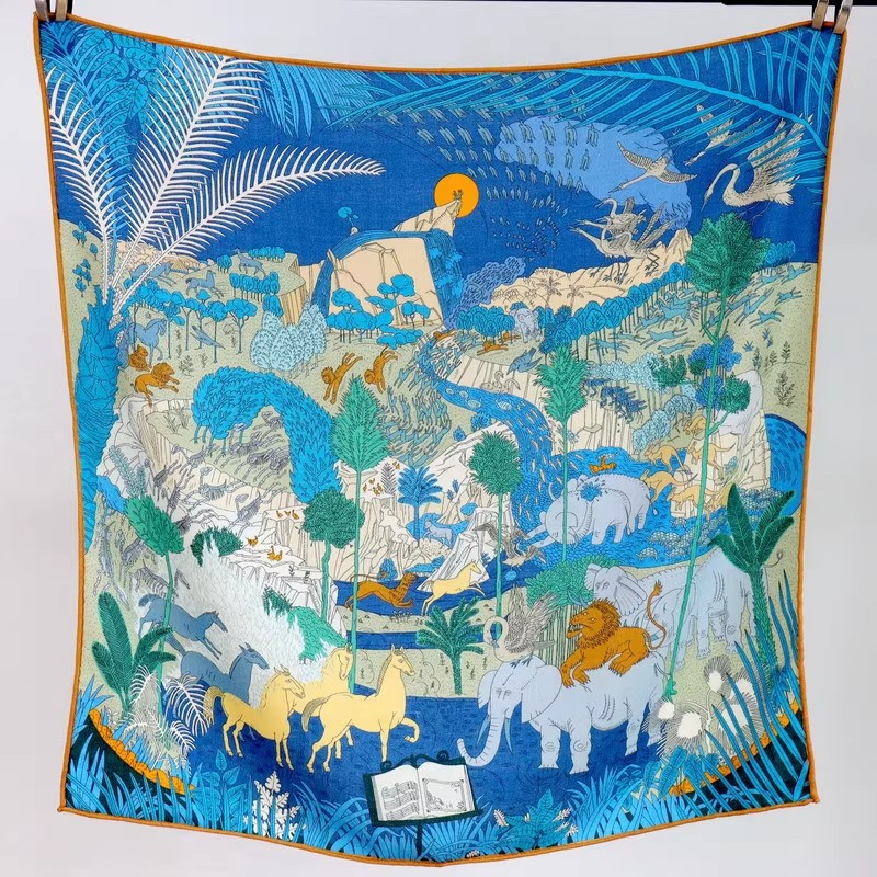 动物狂欢68cm丝毛方巾手工卷边