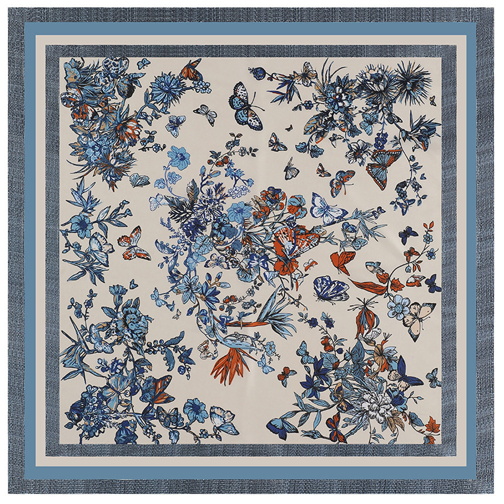 90cm大方巾仿真丝植物蝴蝶花卉女士优雅装饰头巾披肩裹胸多功能女