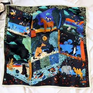 53cm治愈童话风真丝小方巾桑蚕丝素缎丝巾丛林精灵系脖护颈小领巾