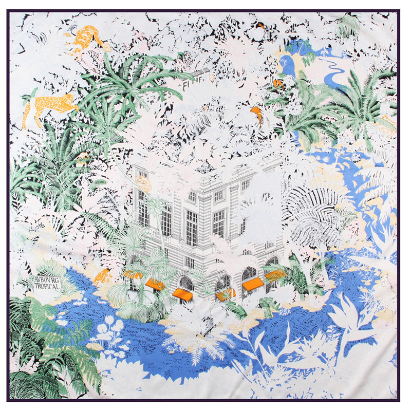 新款手工卷边丝巾女90cm斜纹绸方巾森林宫殿印花时尚围巾披肩头巾