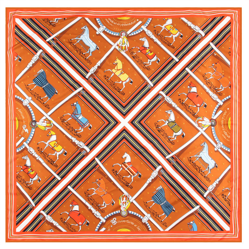 新款手工卷边丝巾女90cm斜纹绸方巾斜条战马印花时尚围巾披肩头巾