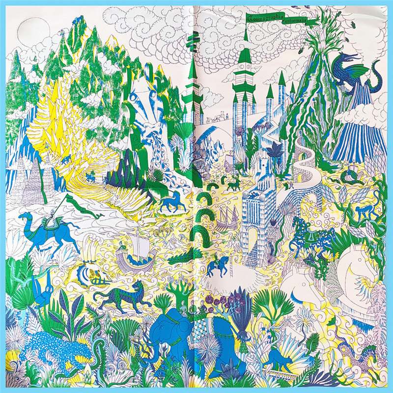 自然飞跃丛林野兽53cm手绘画仿真丝小方巾彩色卡通小丝巾植物围巾