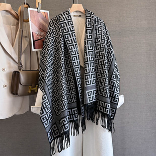 200*65长围巾仿羊绒提花云雷纹保暖加厚披肩百搭围脖冬通勤格雷系