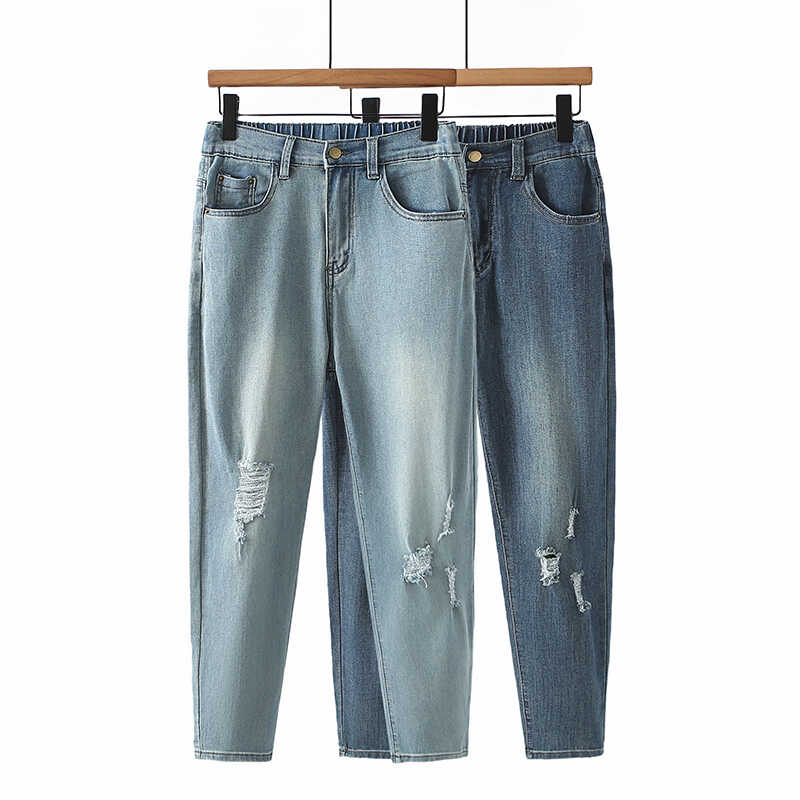 胖妹妹大码破洞牛仔裤女夏薄款哈伦小脚九分裤弹力高腰宽松显瘦