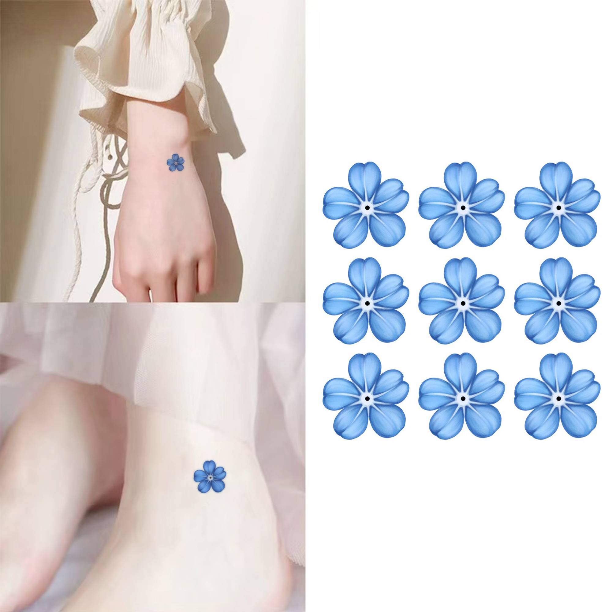 古风蓝色樱花ins风手绘花朵纹身贴防水女持久清新高颜值手腕遮疤