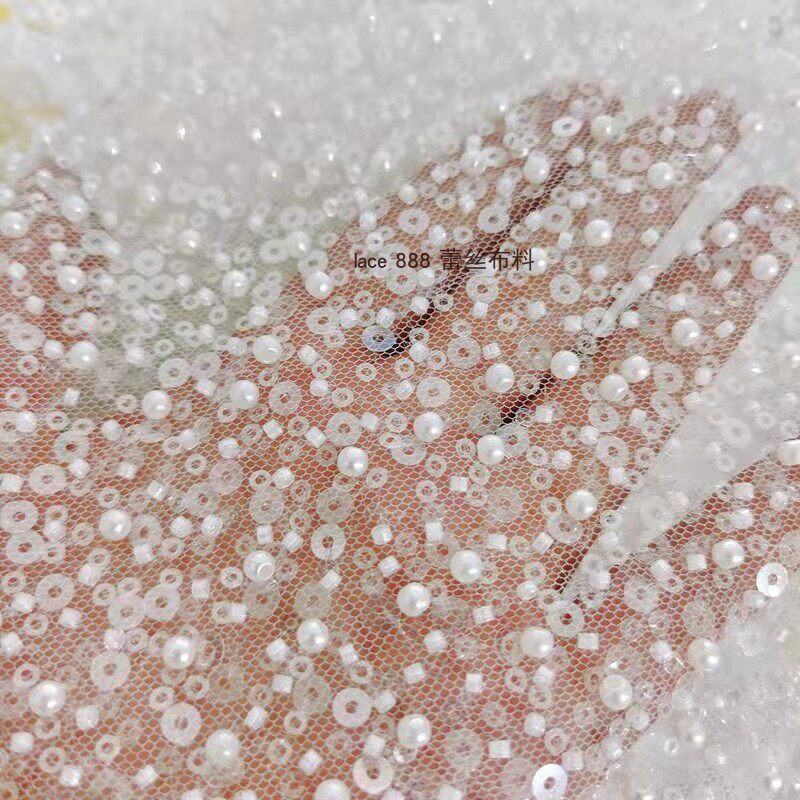 高端重工1.3米宽网纱珠管粒珍珠亮片婚纱面料服装布料白色垂感