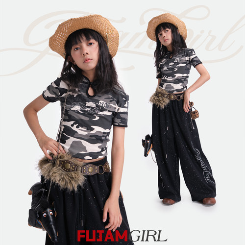 FUJAM女童新中式迷彩修身短袖上衣T恤爵士舞跳舞潮流穿搭夏季衣服