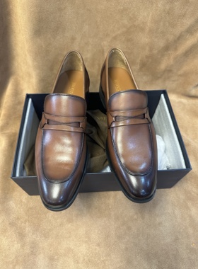 断码43撤意大利品牌男士一脚蹬棕色休闲皮鞋进口头层牛皮W206