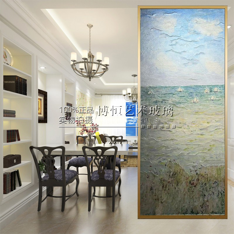 定制莫奈油画钢化艺术玻璃客厅隔断屏风 玄关 挂画彩色雕刻玻璃