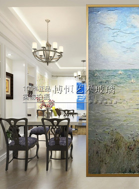 定制莫奈油画钢化艺术玻璃客厅隔断屏风 玄关 挂画彩色雕刻玻璃