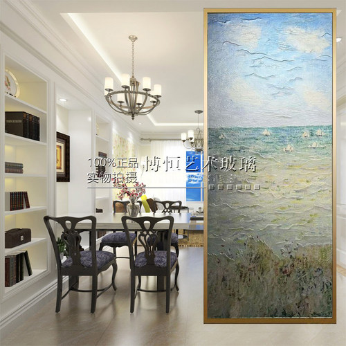 定制莫奈油画钢化艺术玻璃客厅隔断屏风 玄关 挂画彩色雕刻玻璃