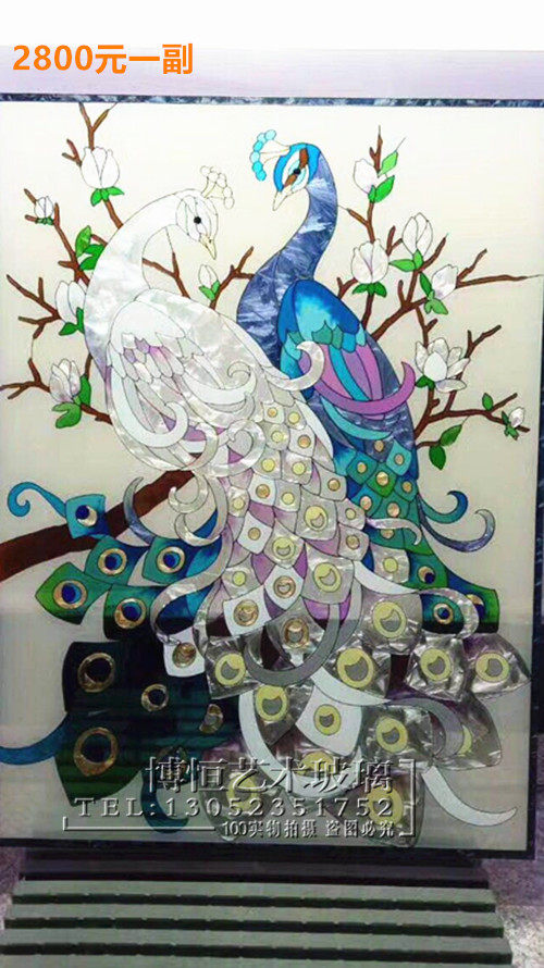 蒂凡尼艺术玻璃 掐丝珐琅彩工艺玻璃 彩色玻璃窗 孔雀 屏风 挂画