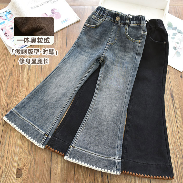 女童一体绒保暖花边拼接修身喇叭裤 中大儿童时髦洋气长裤冬