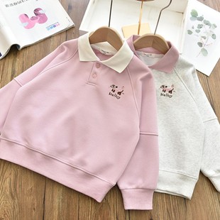 翻领刺绣卫衣 女童洋气撞色Polo衫 中大儿童学院风百搭宽松上衣春