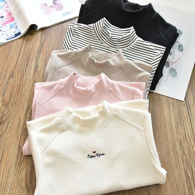 女童软糯亲肤条纹印花字母半高领打底衫 中大儿童打底上衣冬