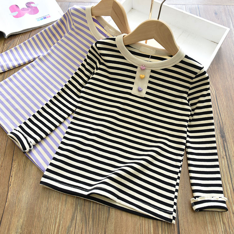 女童韩版洋气撞色条纹三粒扣套头打底衫 中大儿童内搭T恤上衣秋