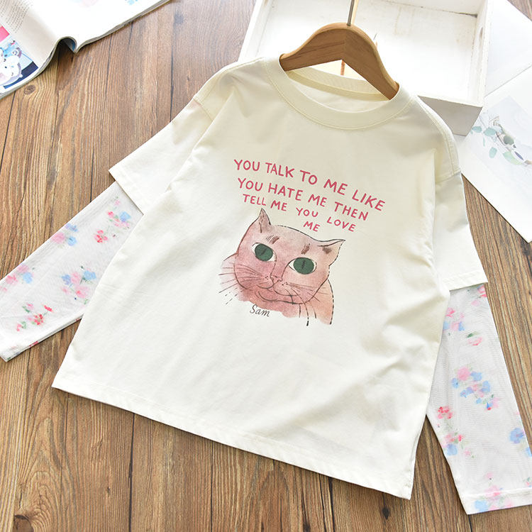 女童凉爽透气猫咪假两件拼接长袖T恤 中大儿童防晒袖宽松上衣26夏