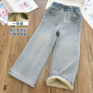 女童年款一体绒保暖烫钻牛仔直筒裤 中大儿童宽松休闲阔腿长裤冬