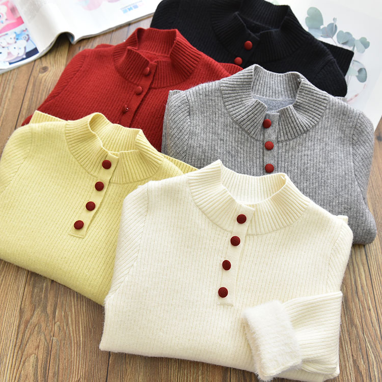 女童一体绒保暖加厚纽扣半高领针织毛衣 中大儿童坑条打底上衣冬