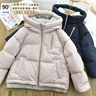 女童90白鸭绒假两件连帽羽绒服 儿童保暖厚实韩版外套 2025冬新款