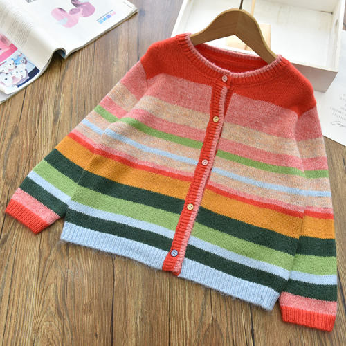 女童气质甜美彩虹条纹撞色针织毛衣开衫中大儿童休闲外套上衣春秋