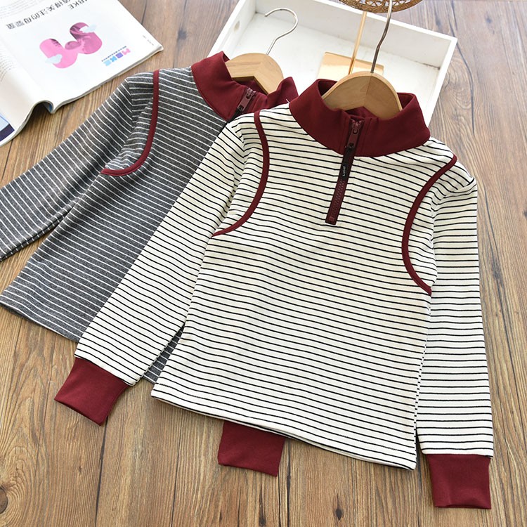 洋气|女童加厚磨毛半高领条纹打底衫 中大童安可拉红T恤上衣秋冬