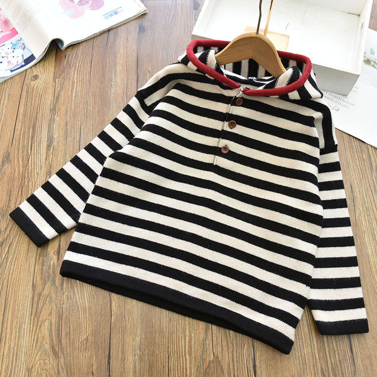 女童洋气时髦拼色条纹三粒扣连帽针织衫毛衣 中大儿童套头上衣秋