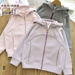 糯米防风绒女童双面绒连帽外套中大儿童加厚保暖休闲上衣深秋冬